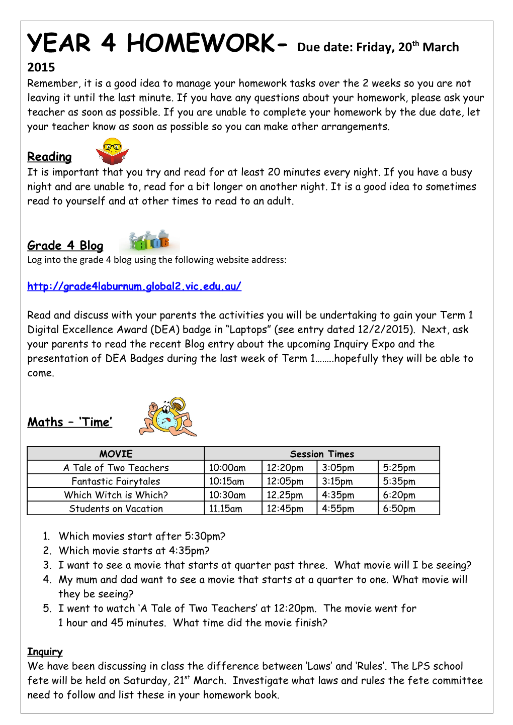 YEAR 4 HOMEWORK- Due Date: Friday, 20Th March 2015