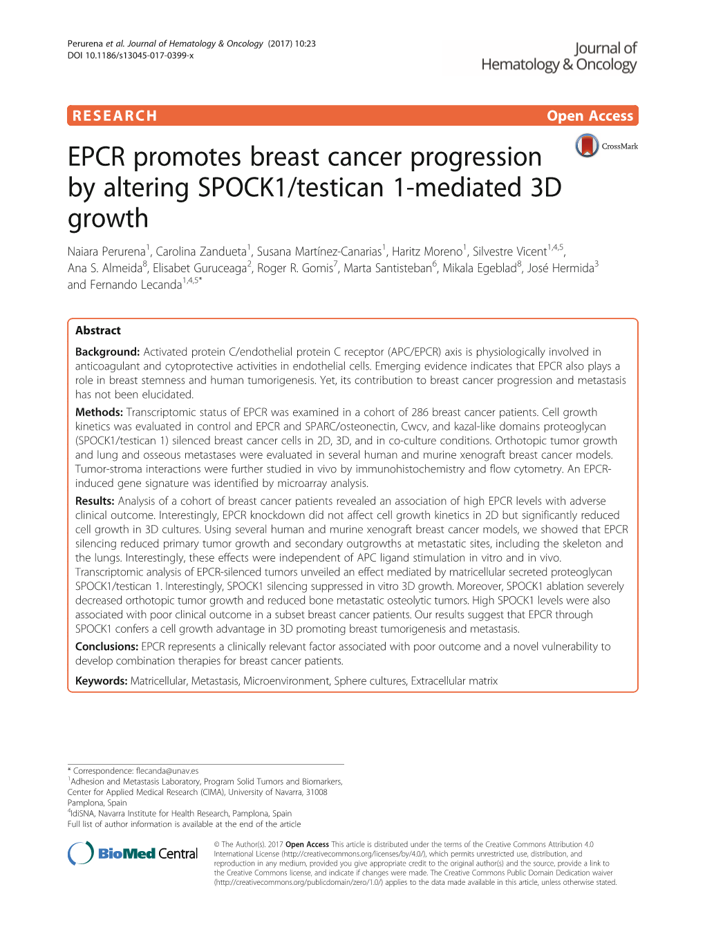 EPCR Promotes Breast Cancer Progression by Altering SPOCK1