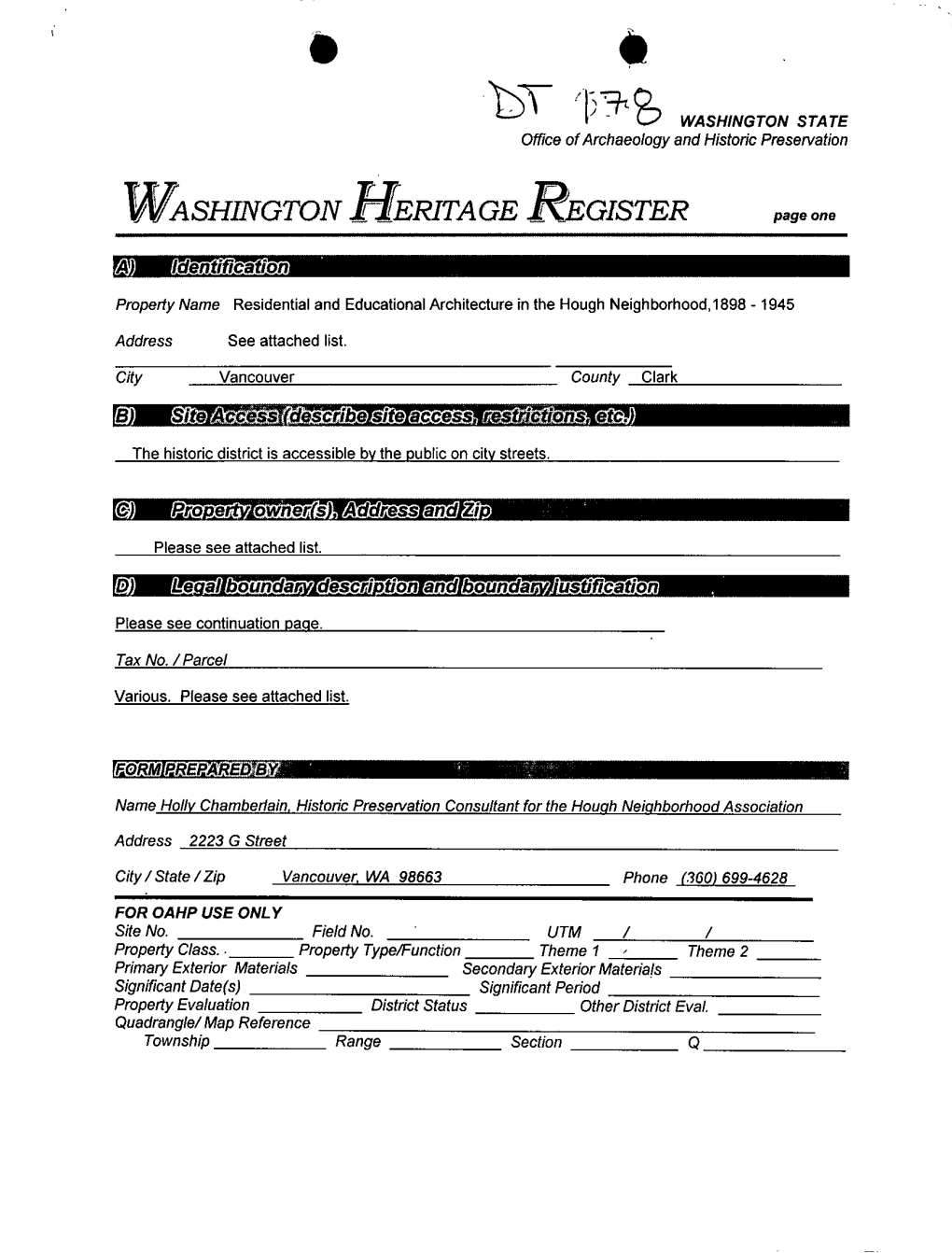 WASHINGTON HERITAGE REGISTER Page One