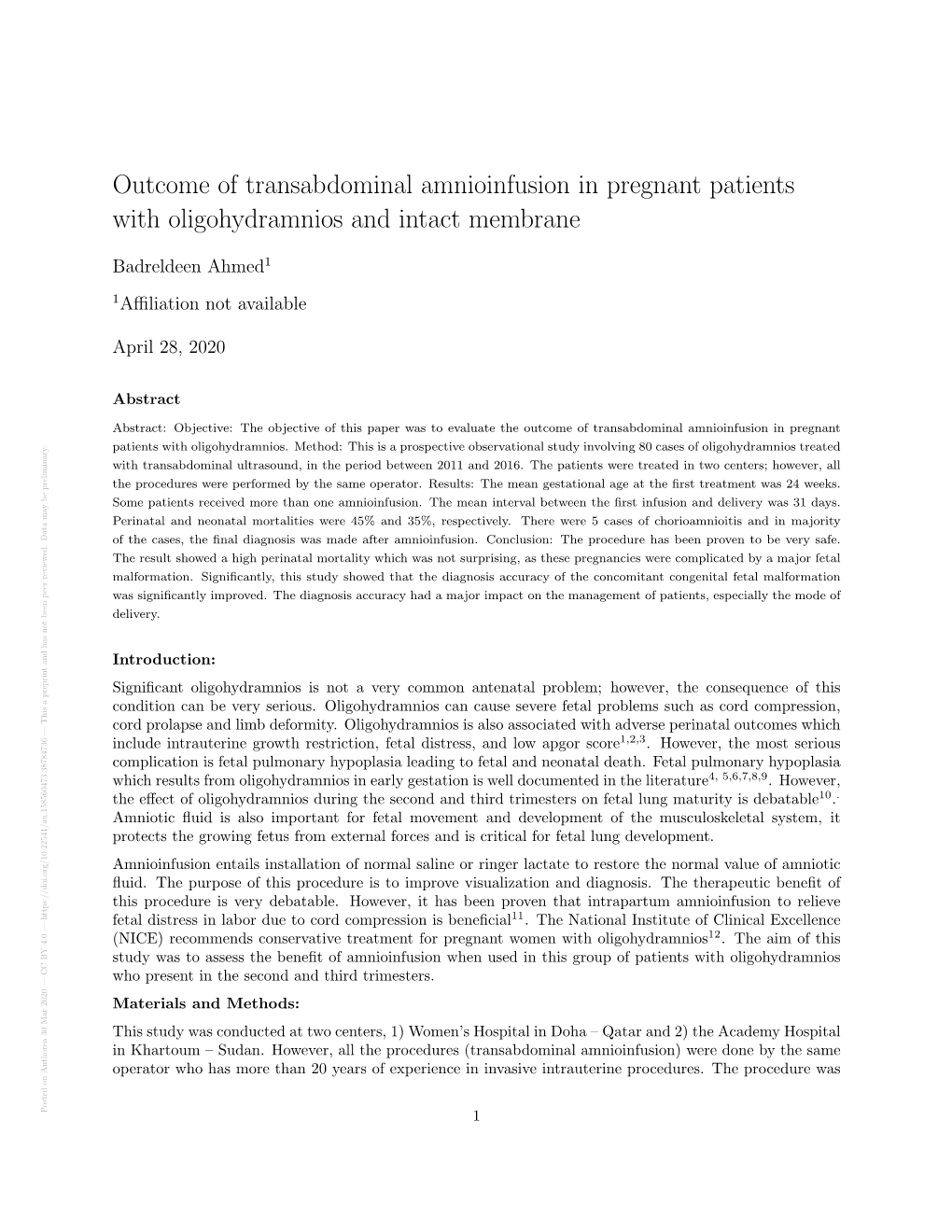 Outcome of Transabdominal Amnioinfusion in Pregnant Patients