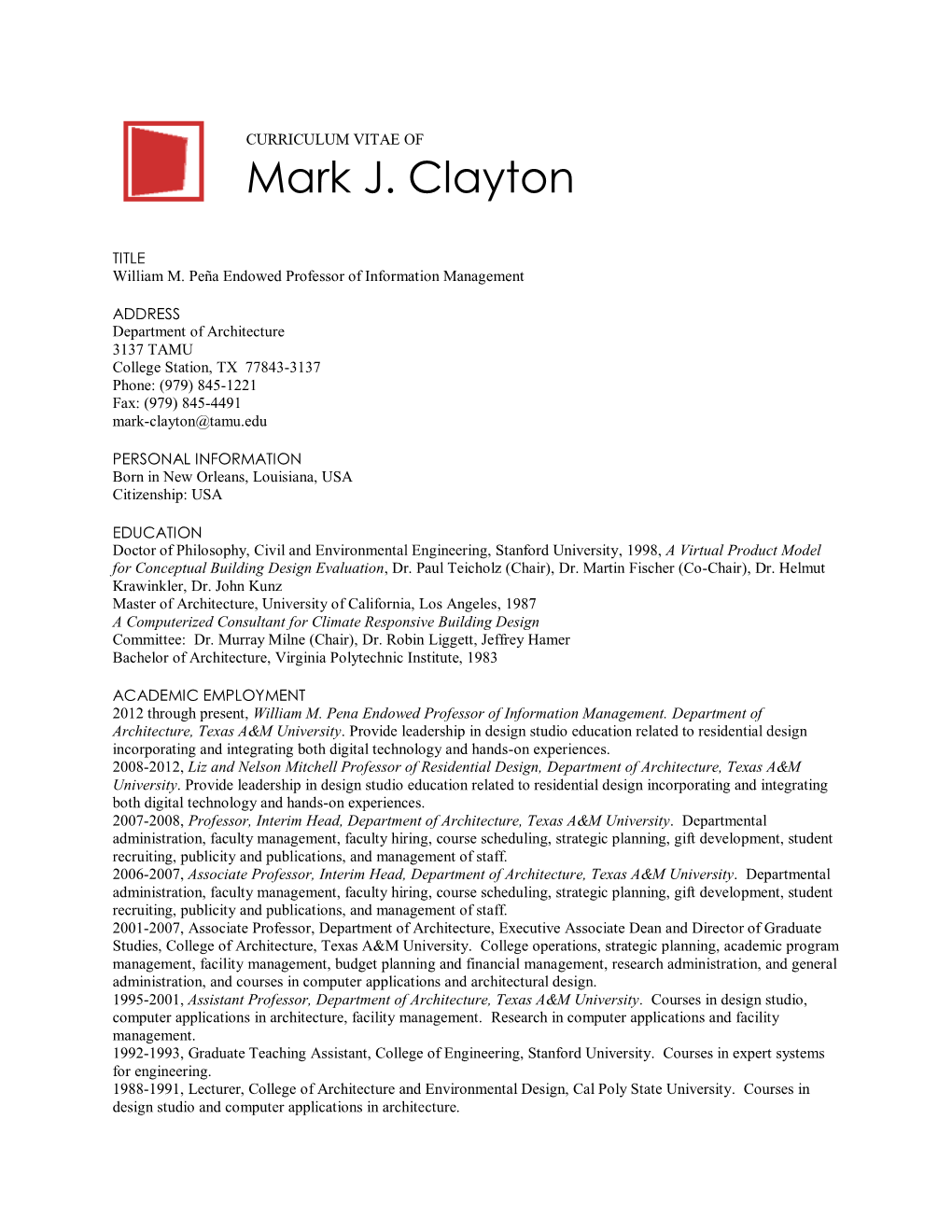 Curriculum Vitae of Mark J. Clayton