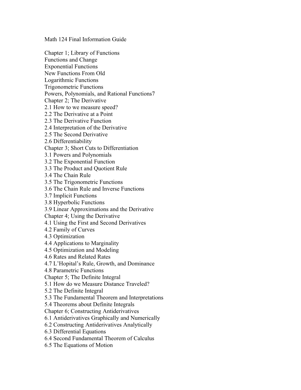 Math 124 Final Information Guide