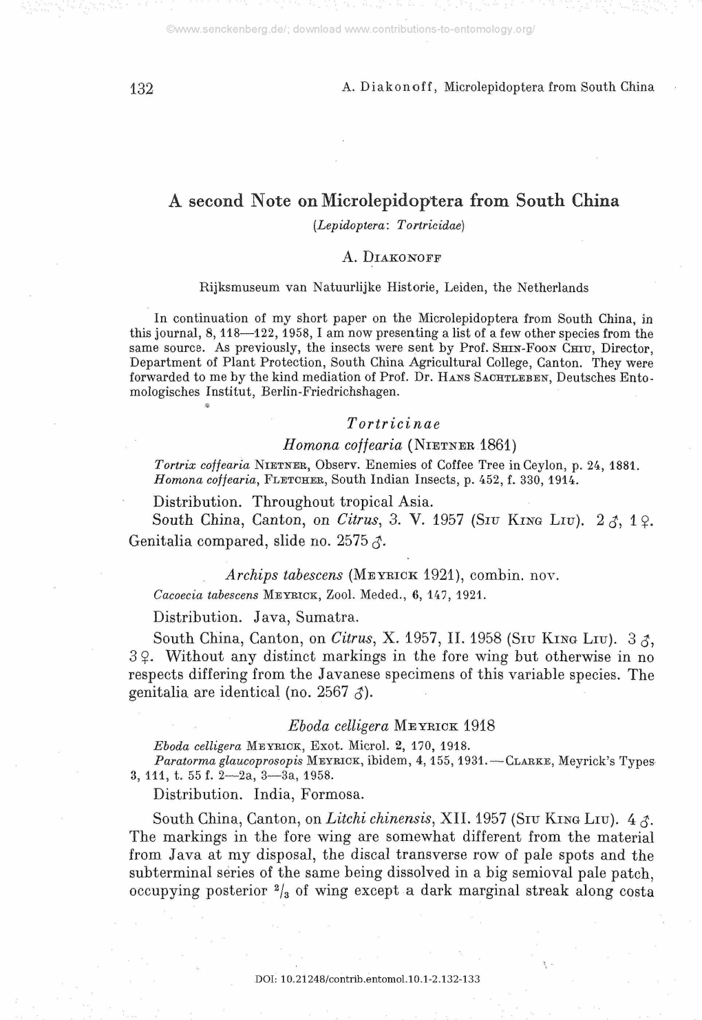 A Second Note on Microlepidoptera from South China (Lepidoptera: Tortricidae) A