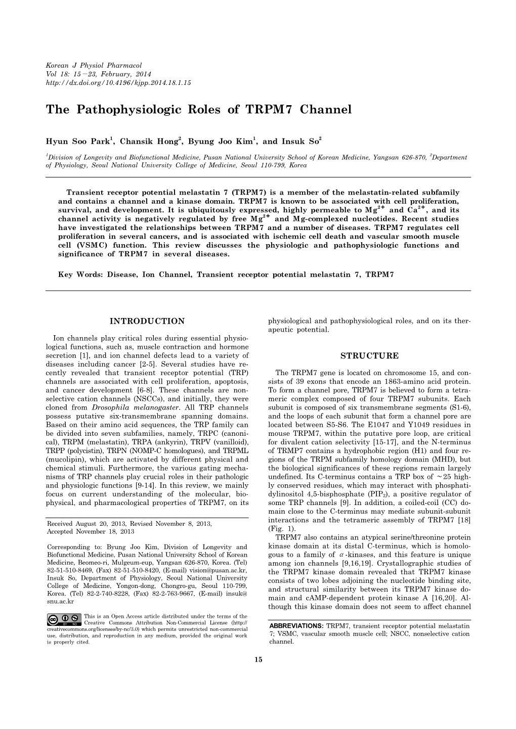 The Pathophysiologic Roles of TRPM7 Channel