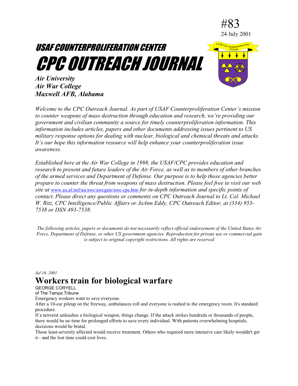 USAF COUNTERPROLIFERATION CENTER CPC OUTREACH JOURNAL Air University Air War College Maxwell AFB, Alabama