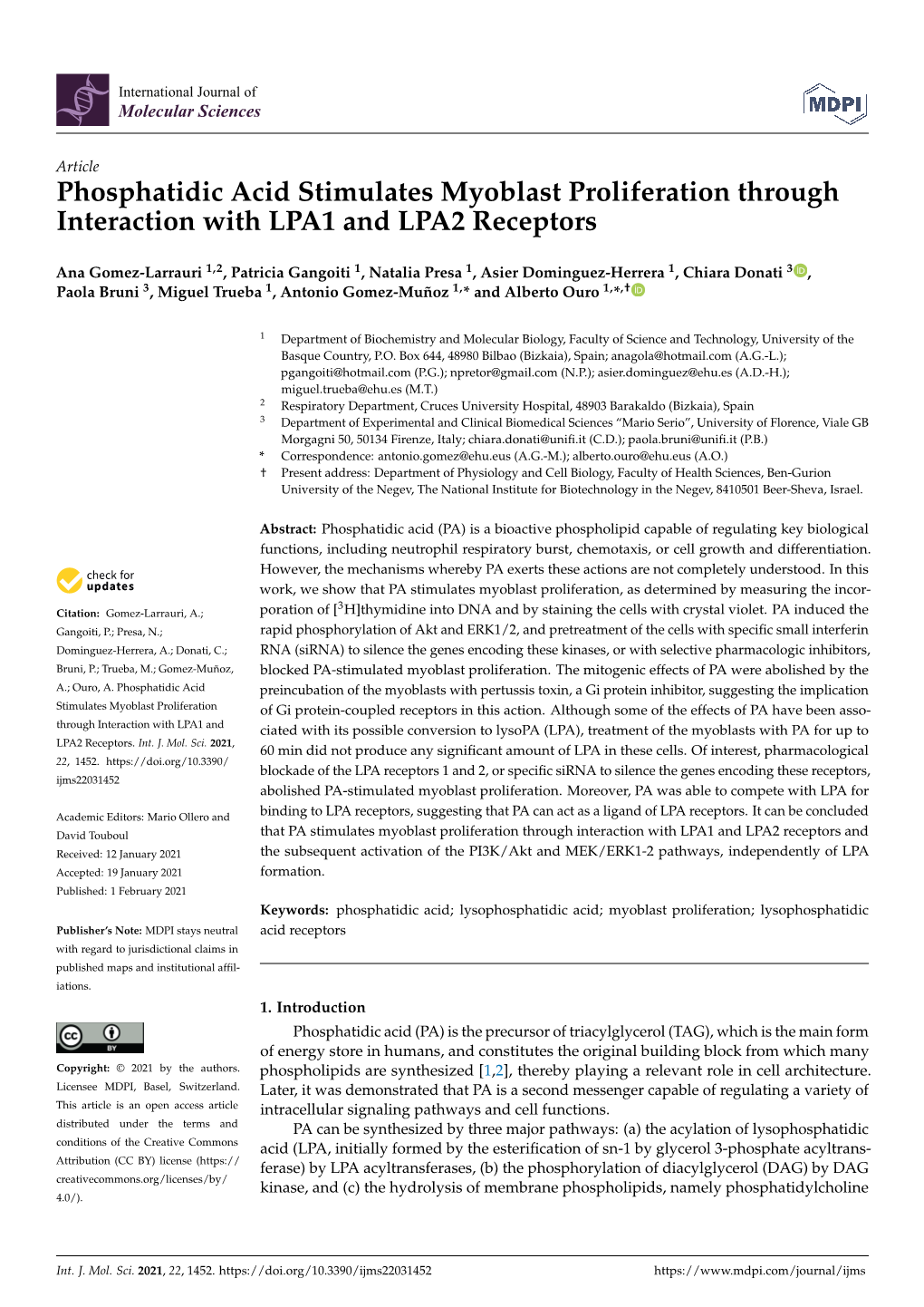 Phosphatidic Acid Stimulates Myoblast Proliferation Through Interaction with LPA1 and LPA2 Receptors