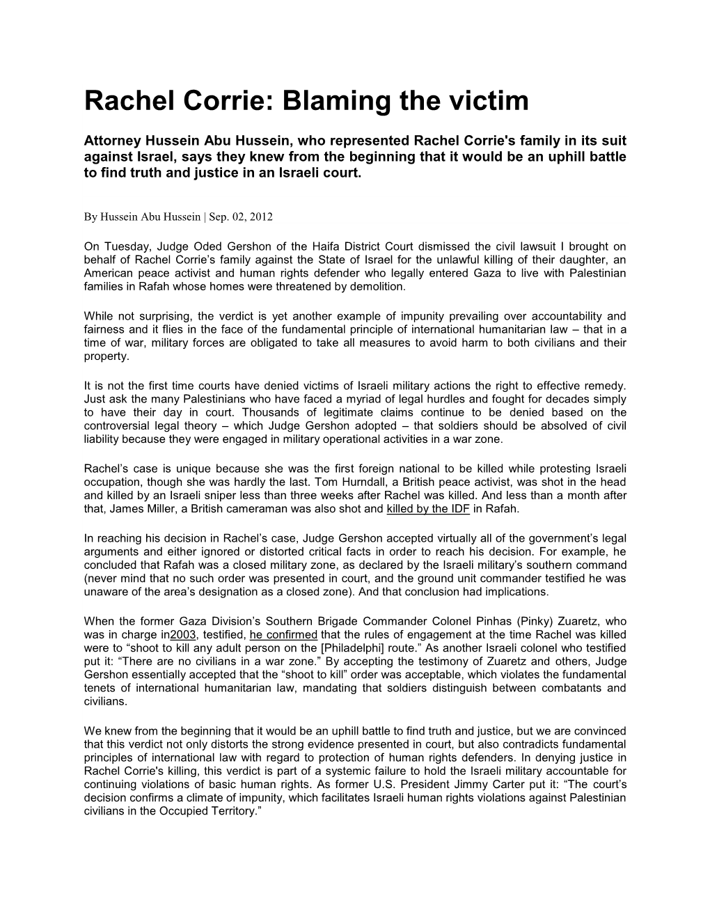Rachel Corrie: Blaming the Victim
