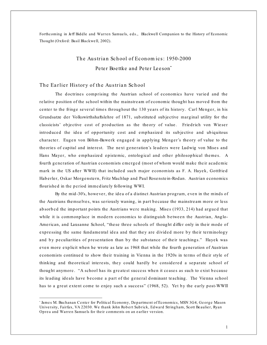 The Austrian School of Economics: 1950-2000 • Peter Boettke and Peter Leeson