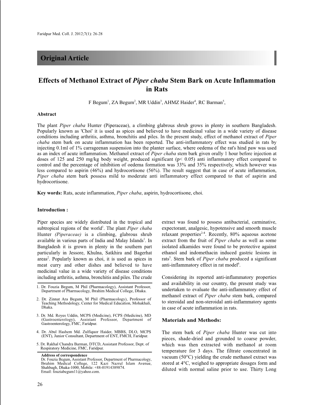 Effects of Methanol Extract of Piper Chaba Stem Bark on Acute Inflammation in Rats