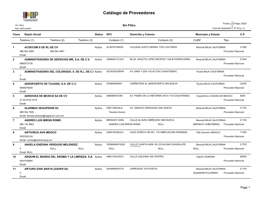 Catálogo De Proveedores