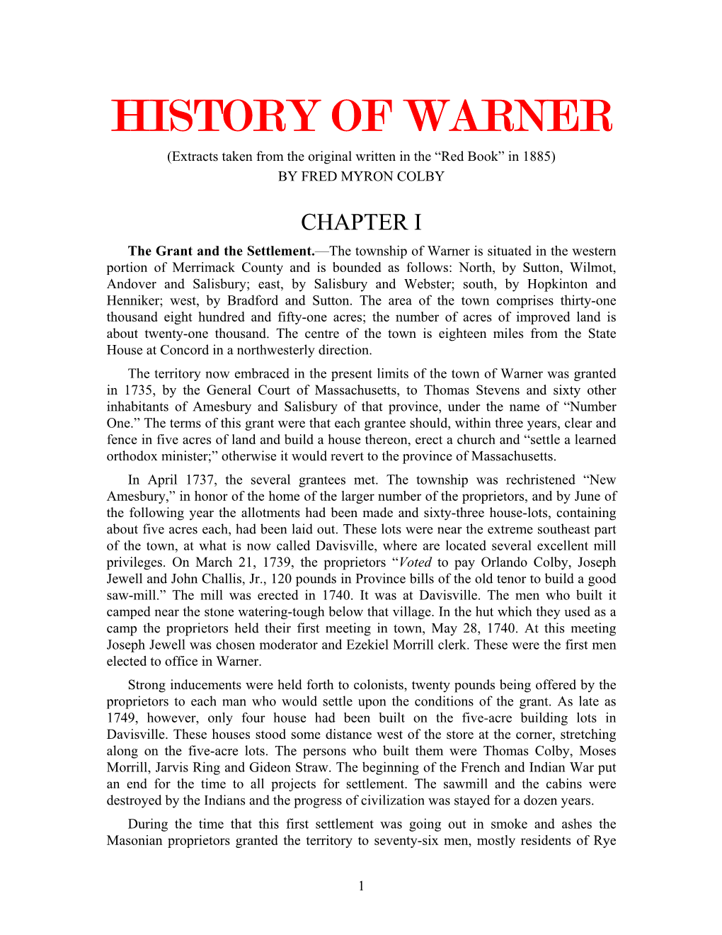 HISTORY of WARNER (Extracts Taken from the Original Written in the “Red Book” in 1885) by FRED MYRON COLBY