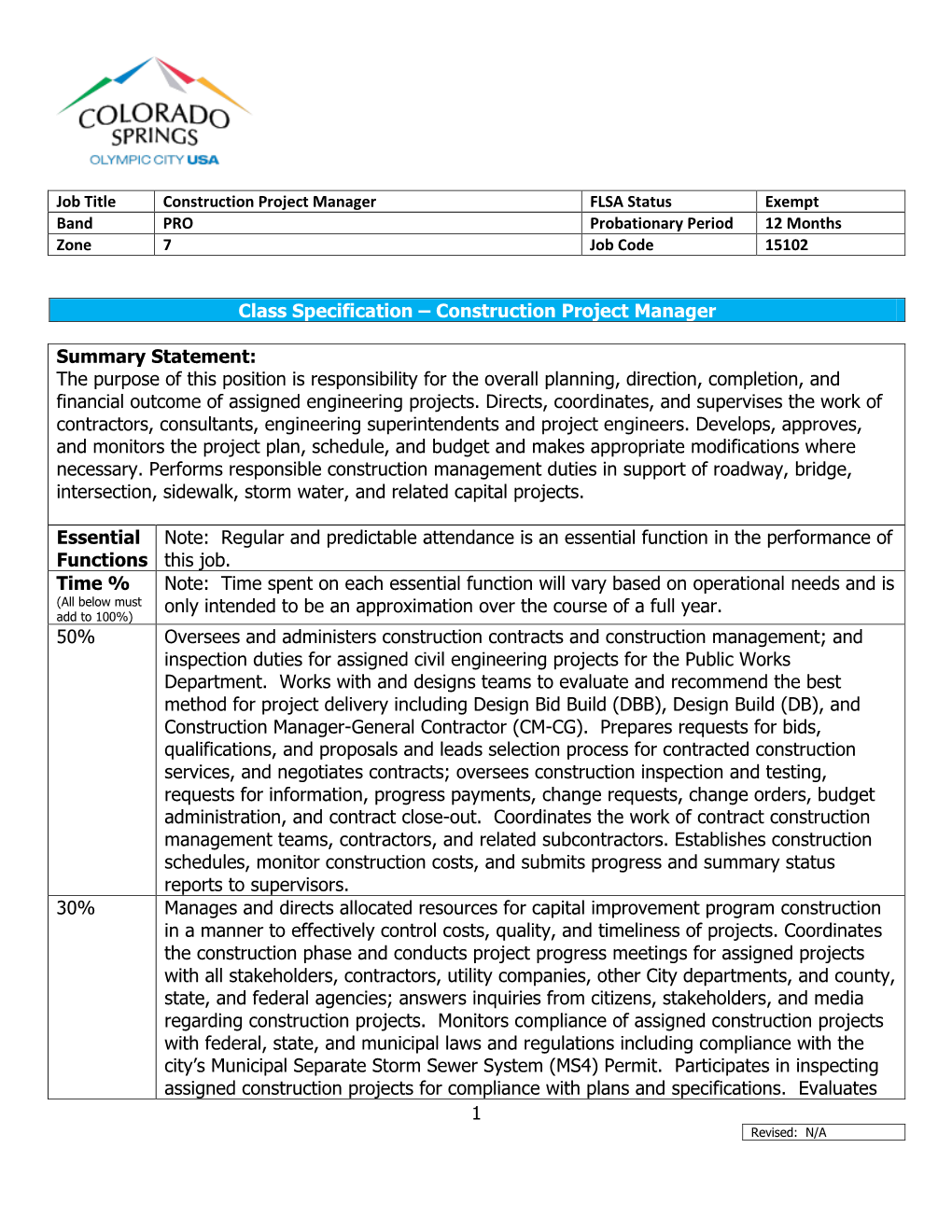 1 Class Specification – Construction Project Manager Summary Statement