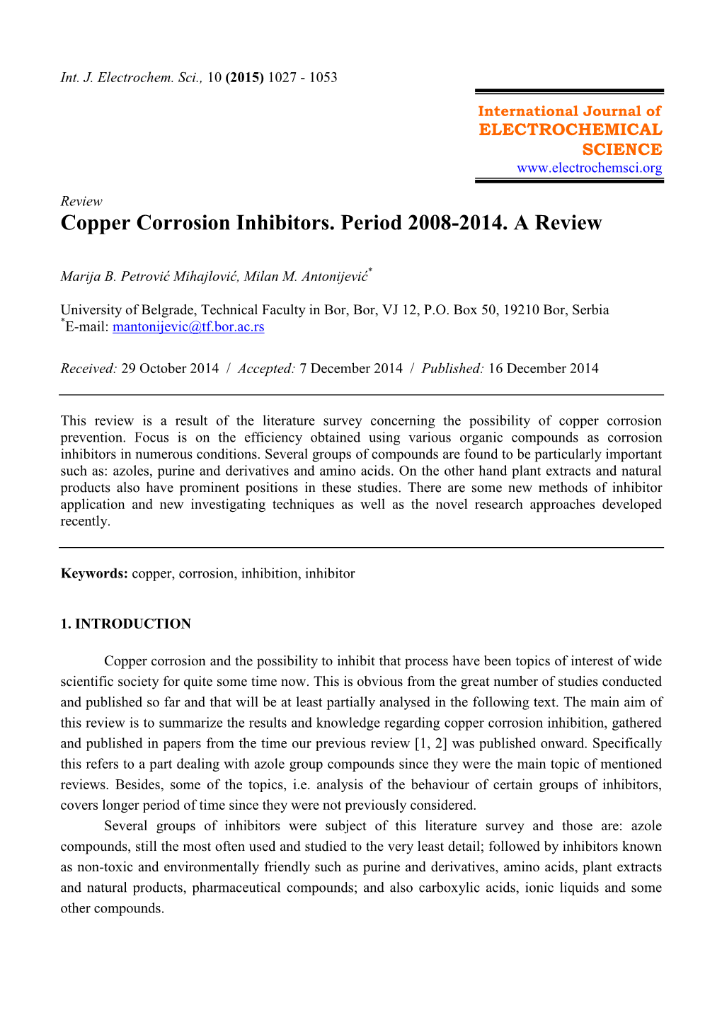 Copper Corrosion Inhibitors. Period 2008-2014. a Review
