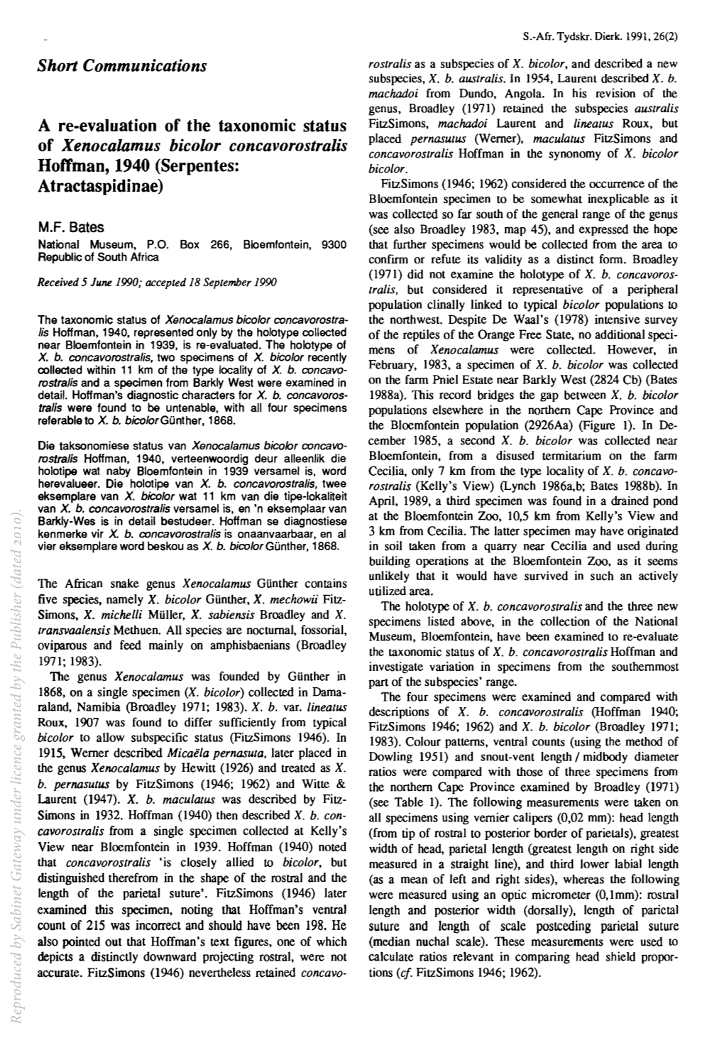 Short Communications a Re-Evaluation of the Taxonomic