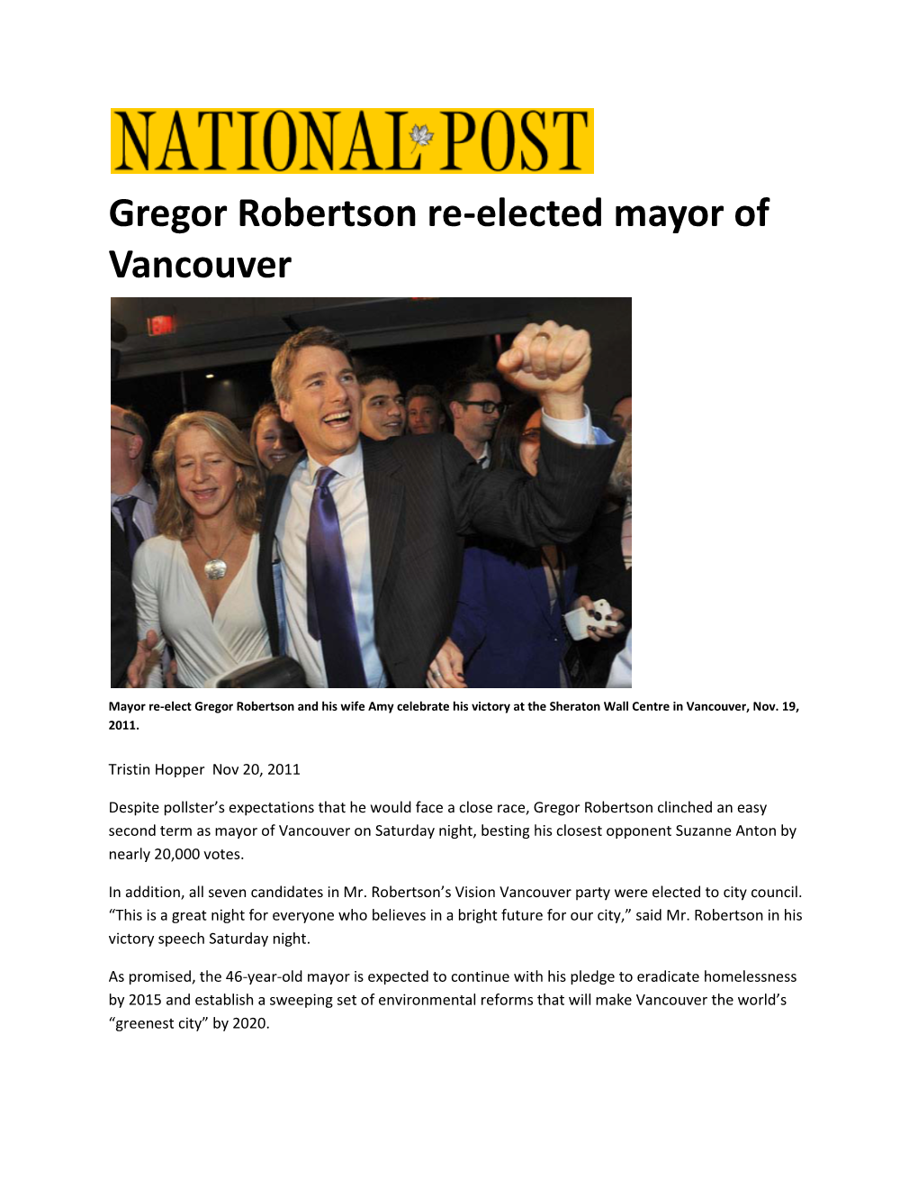 Gregor Robertson Re-Elected Mayor of Vancouver