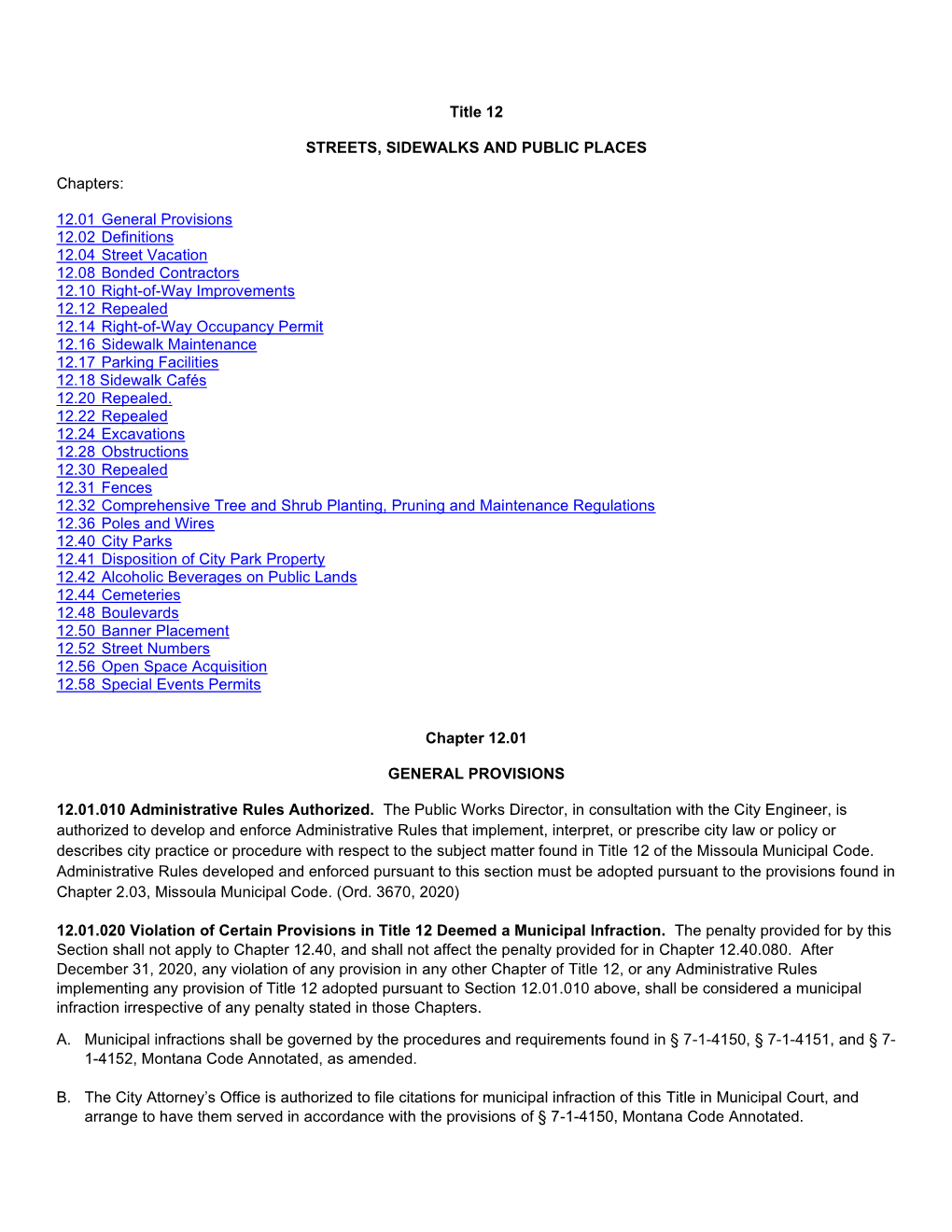 Title 12 STREETS, SIDEWALKS and PUBLIC PLACES Chapters