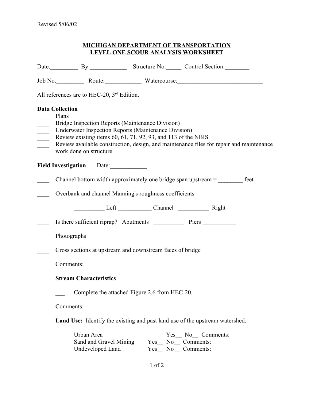 Level One Scour Analysis Worksheet