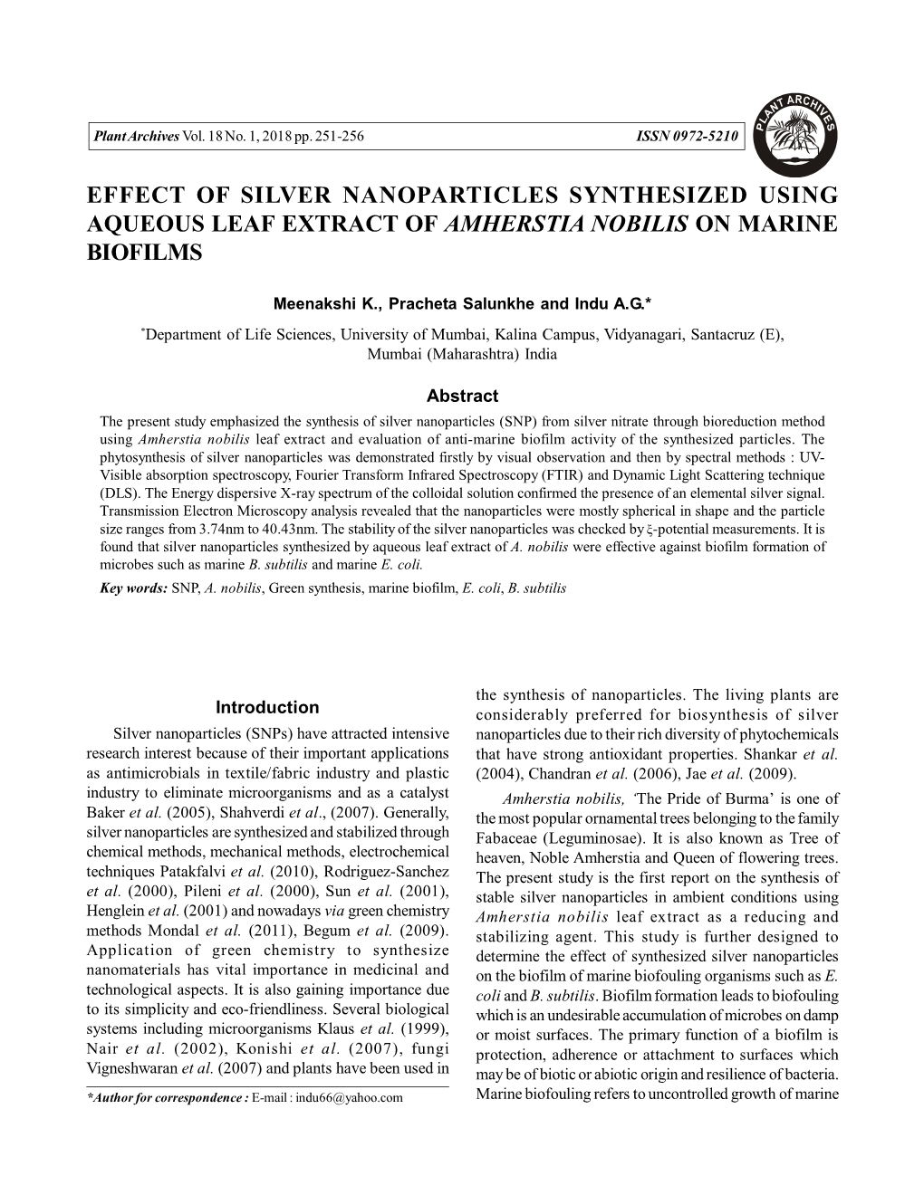 Effect of Silver Nanoparticles Synthesized Using Aqueous Leaf Extract of Amherstia Nobilis on Marine Biofilms