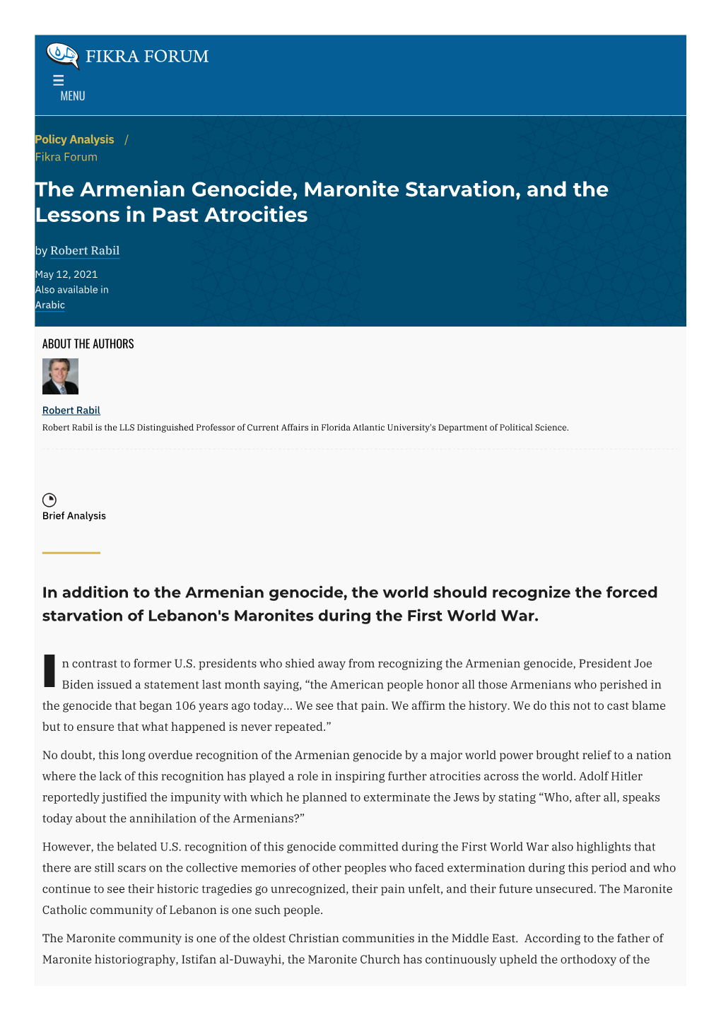 The Armenian Genocide, Maronite Starvation, and the Lessons in Past Atrocities | the Washington Institute