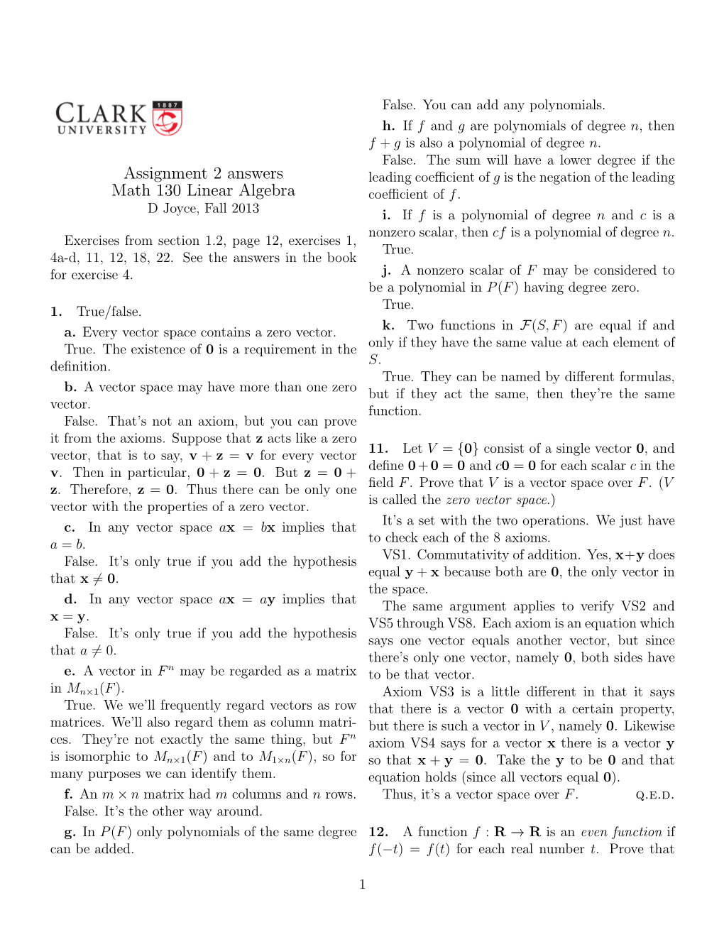 Assignment 2 Answers Math 130 Linear Algebra