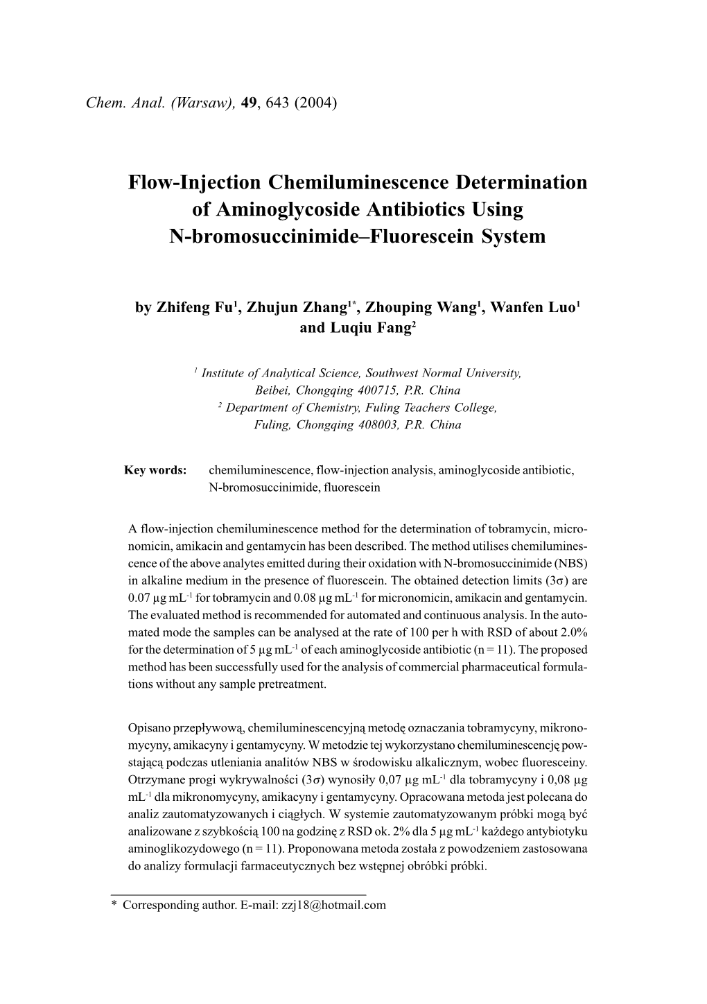 Flow-Injection Chemiluminescence Determination of Aminoglycoside Antibiotics Using N-BromosuccinimideFluorescein System