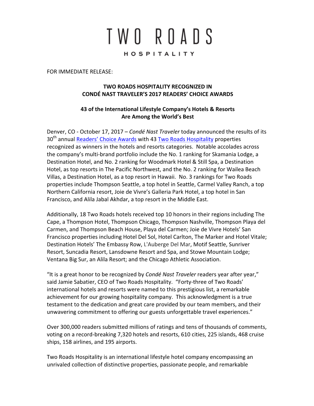 For Immediate Release: Two Roads Hospitality