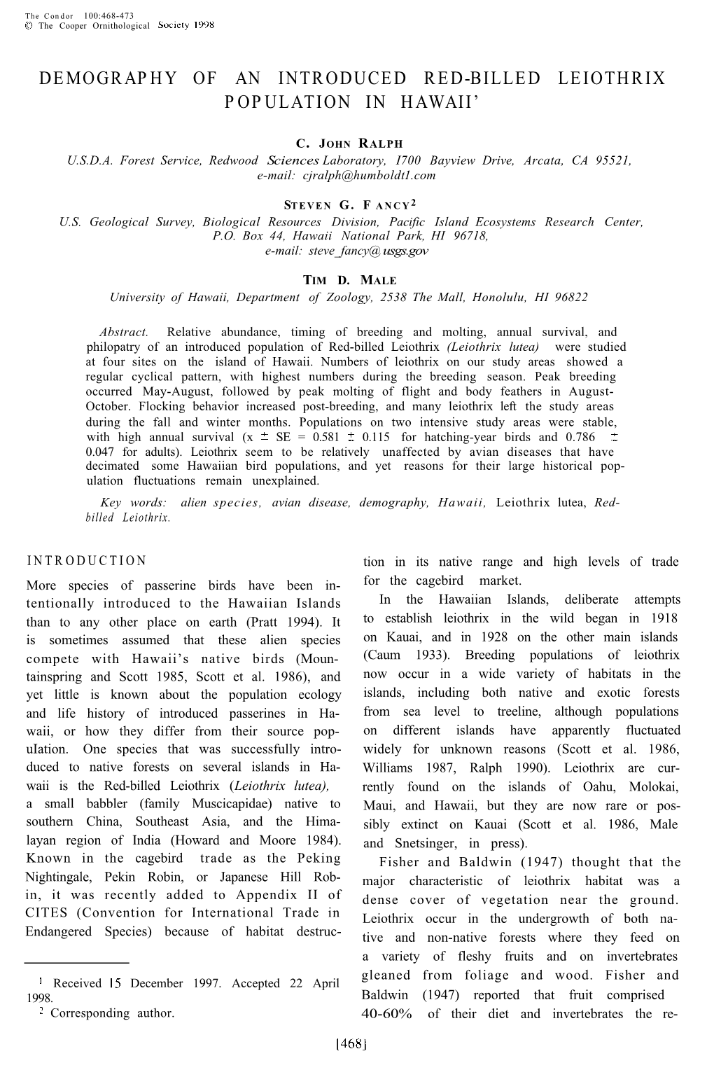 Demography of an Introduced Red-Billed Leiothrix Population in Hawaii’