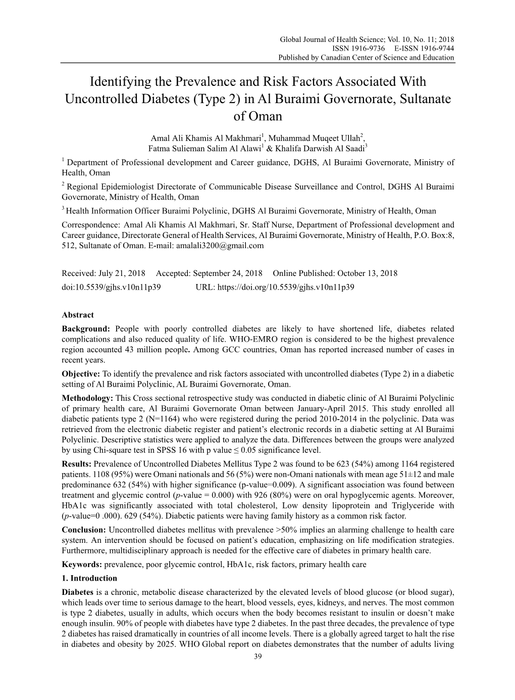 Identifying the Prevalence and Risk Factors Associated with Uncontrolled Diabetes (Type 2) in Al Buraimi Governorate, Sultanate of Oman