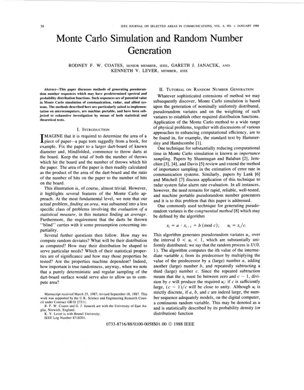 Monte Carlo Simulation and Random Number Generation