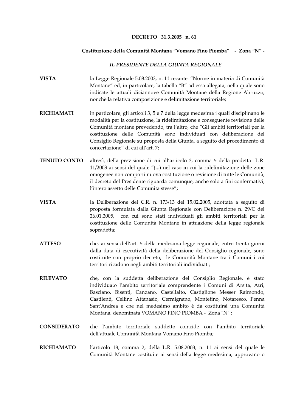 DECRETO 31.3.2005 N. 61 Costituzione Della Comunità Montana