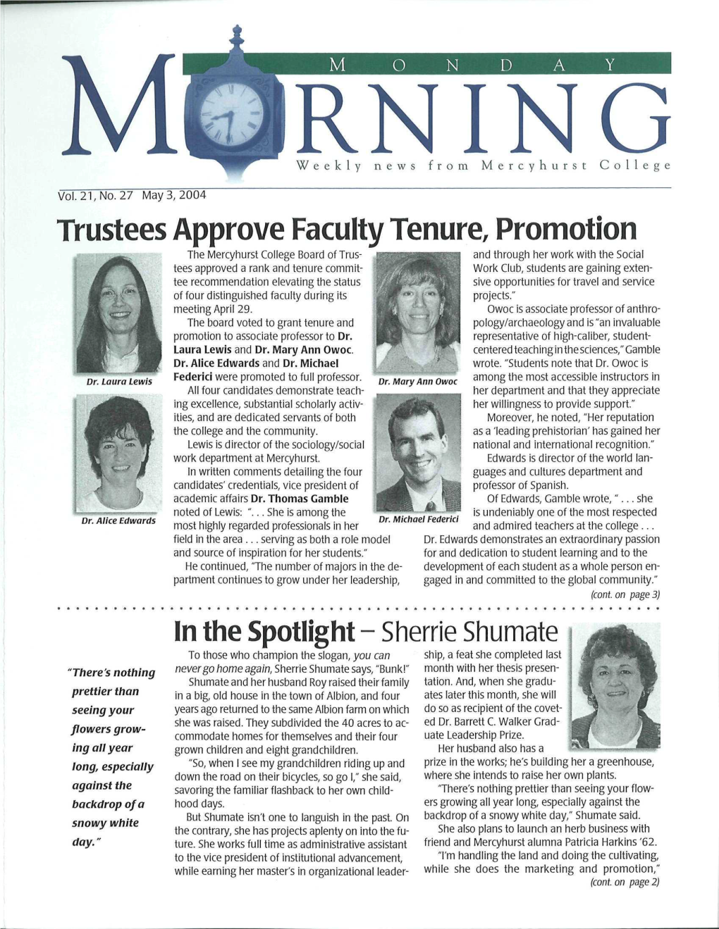 Weekly News from Mercyhurst College Vol. 21, No. 27 May 3, 2004 (Cont