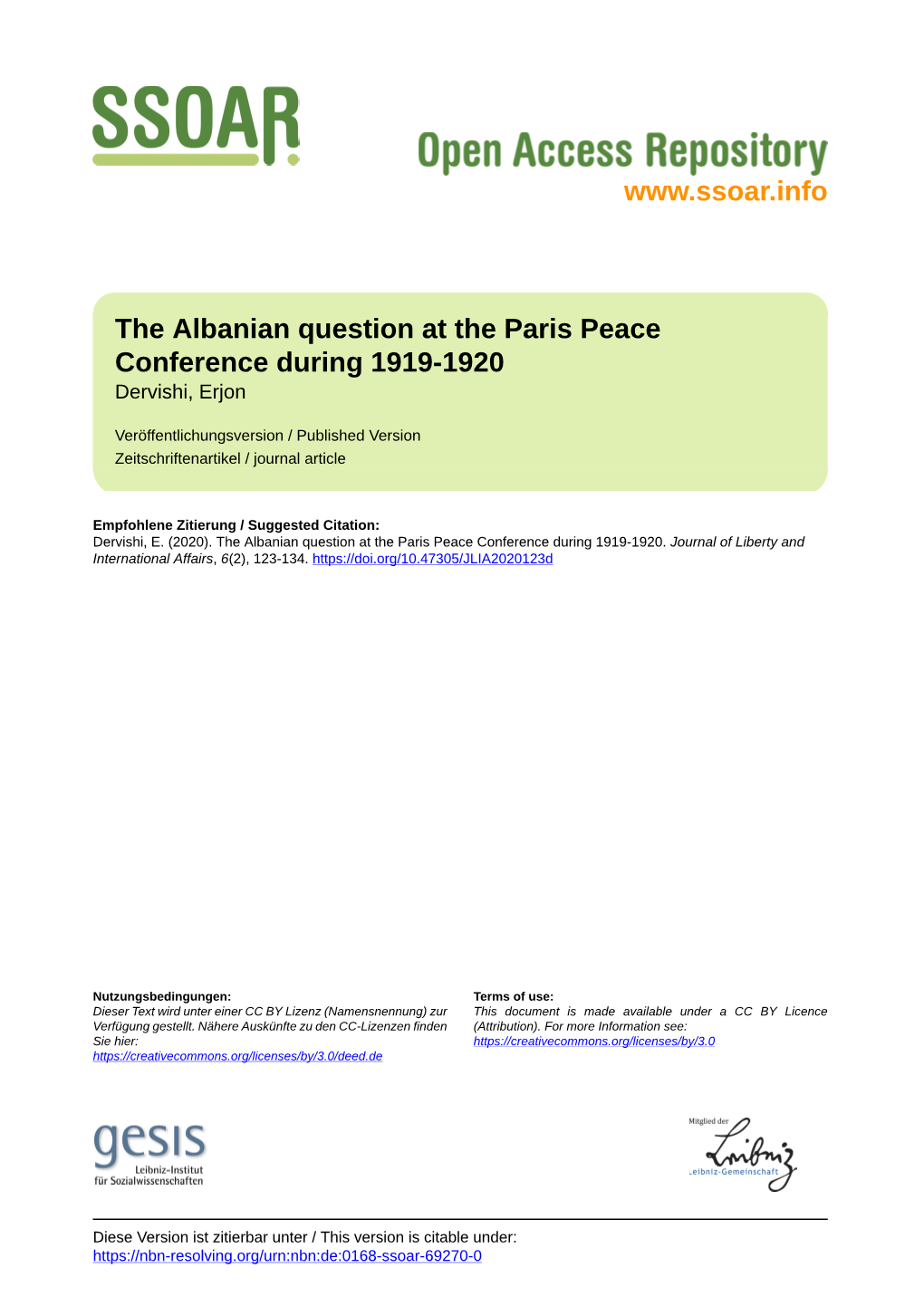 The Albanian Question at the Paris Peace Conference During 1919-1920 Dervishi, Erjon