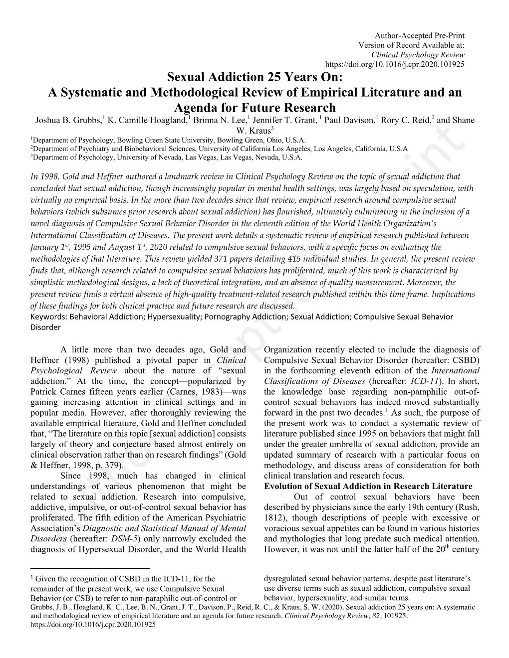 Sexual Addiction 25 Years On: a Systematic and Methodological Review of Empirical Literature and an Agenda for Future Research Joshua B