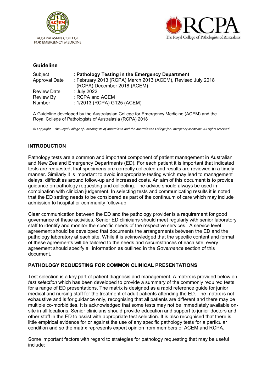 Guideline on Pathology Testing in the Emergency Department