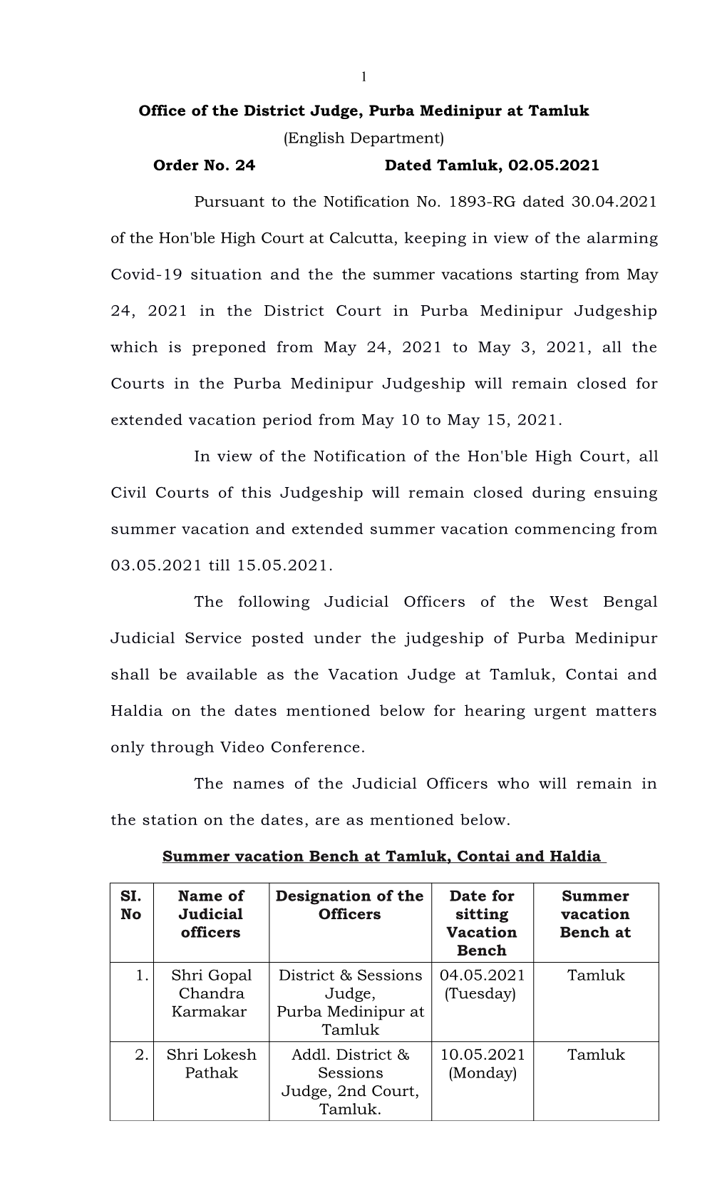 Office of the District Judge, Purba Medinipur at Tamluk (English Department) Order No