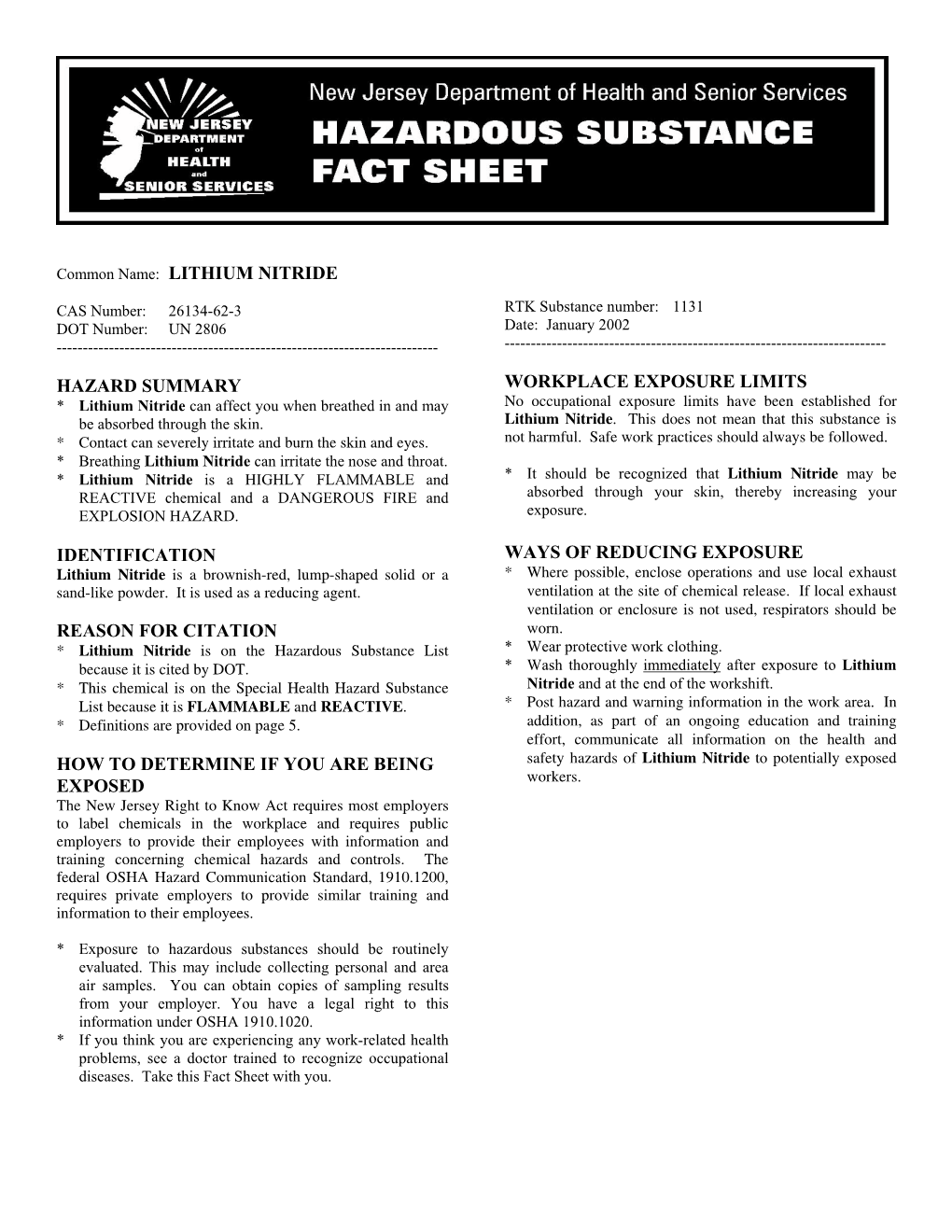 Common Name: LITHIUM NITRIDE HAZARD SUMMARY