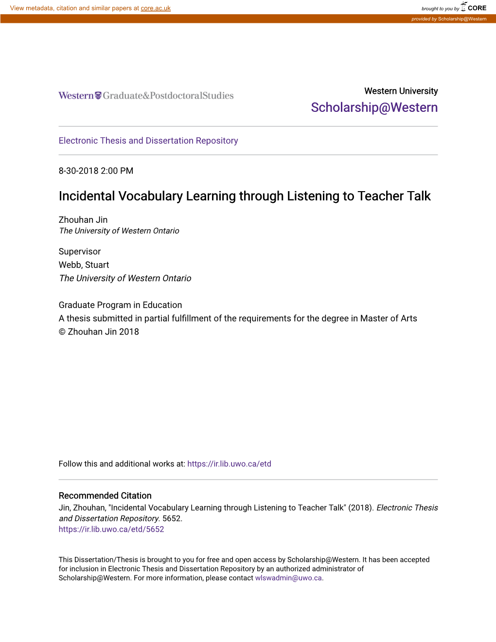 Incidental Vocabulary Learning Through Listening to Teacher Talk