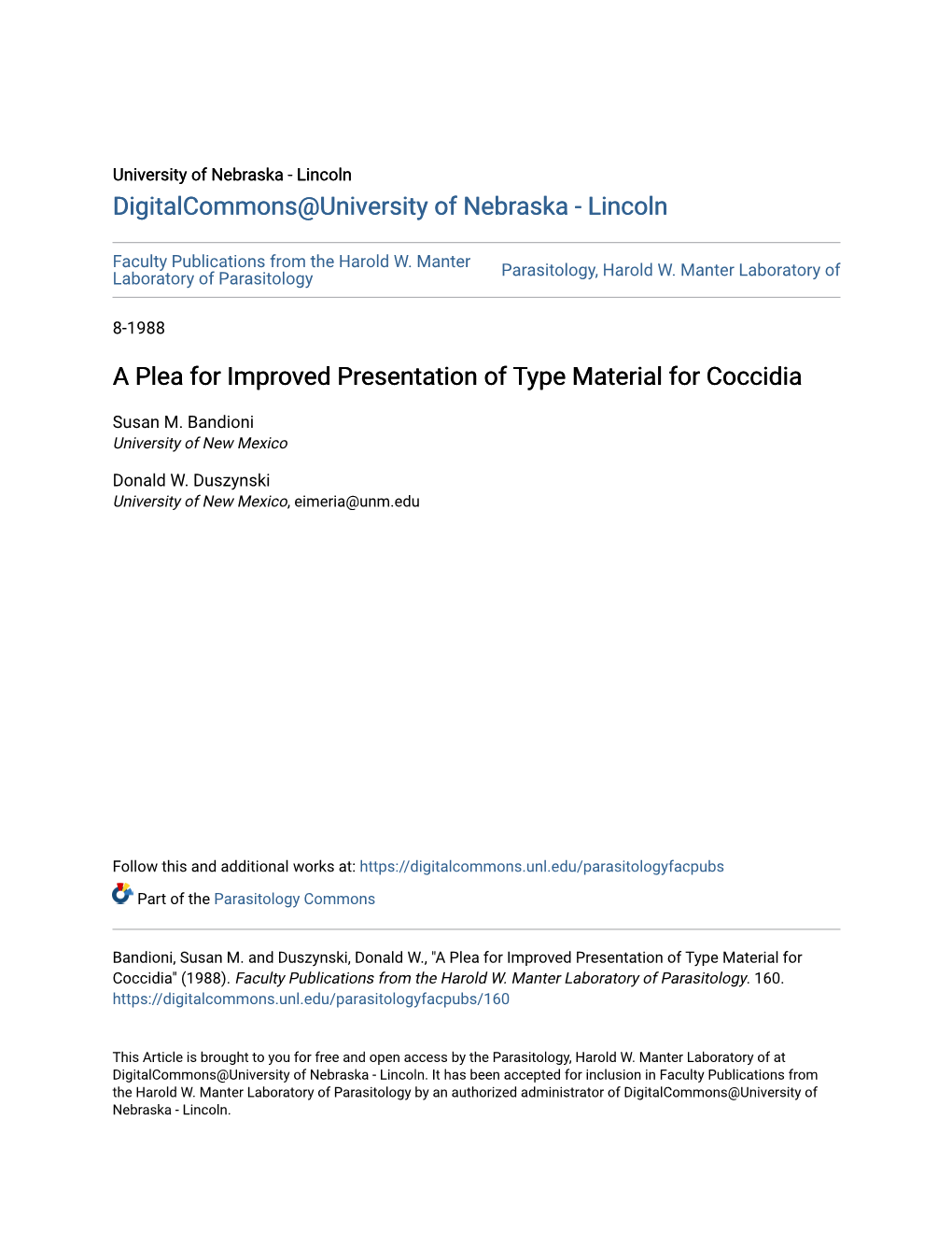 A Plea for Improved Presentation of Type Material for Coccidia