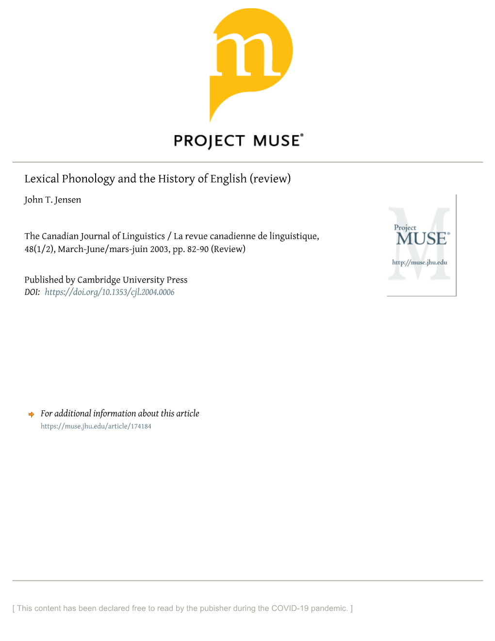 Lexical Phonology and the History of English (Review) John T