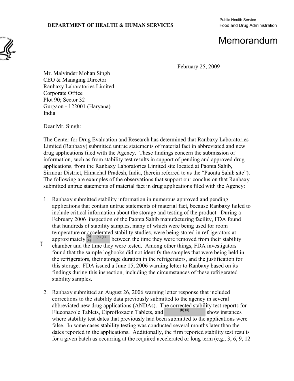 FDA AIP Letter to Ranbaxy Laboratories