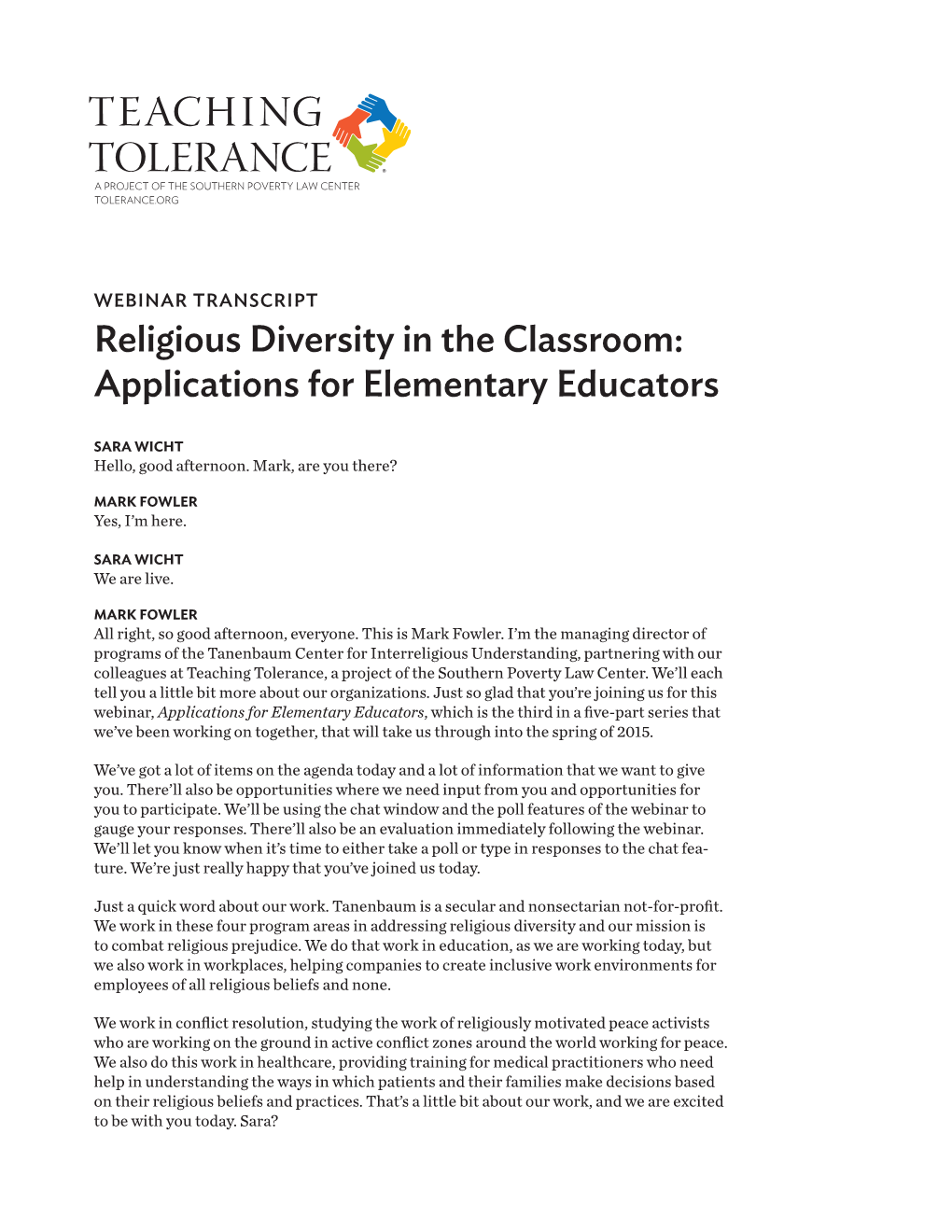 Teaching Tolerance a Project of the Southern Poverty Law Center Tolerance.Org