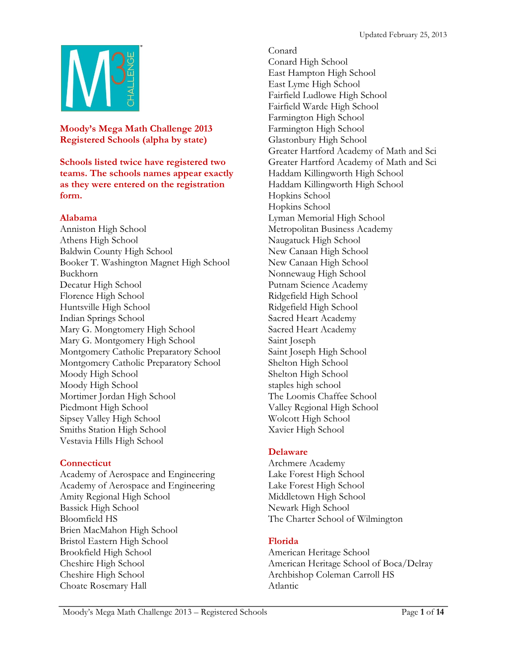 Moody's Mega Math Challenge 2013 Registered Schools (Alpha by State