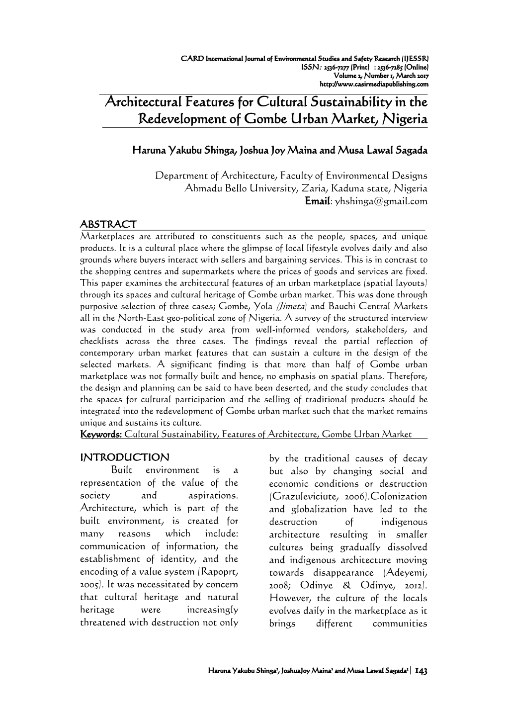 Architectural Features for Cultural Sustainability in the Redevelopment of Gombe Urban Market, Nigeria