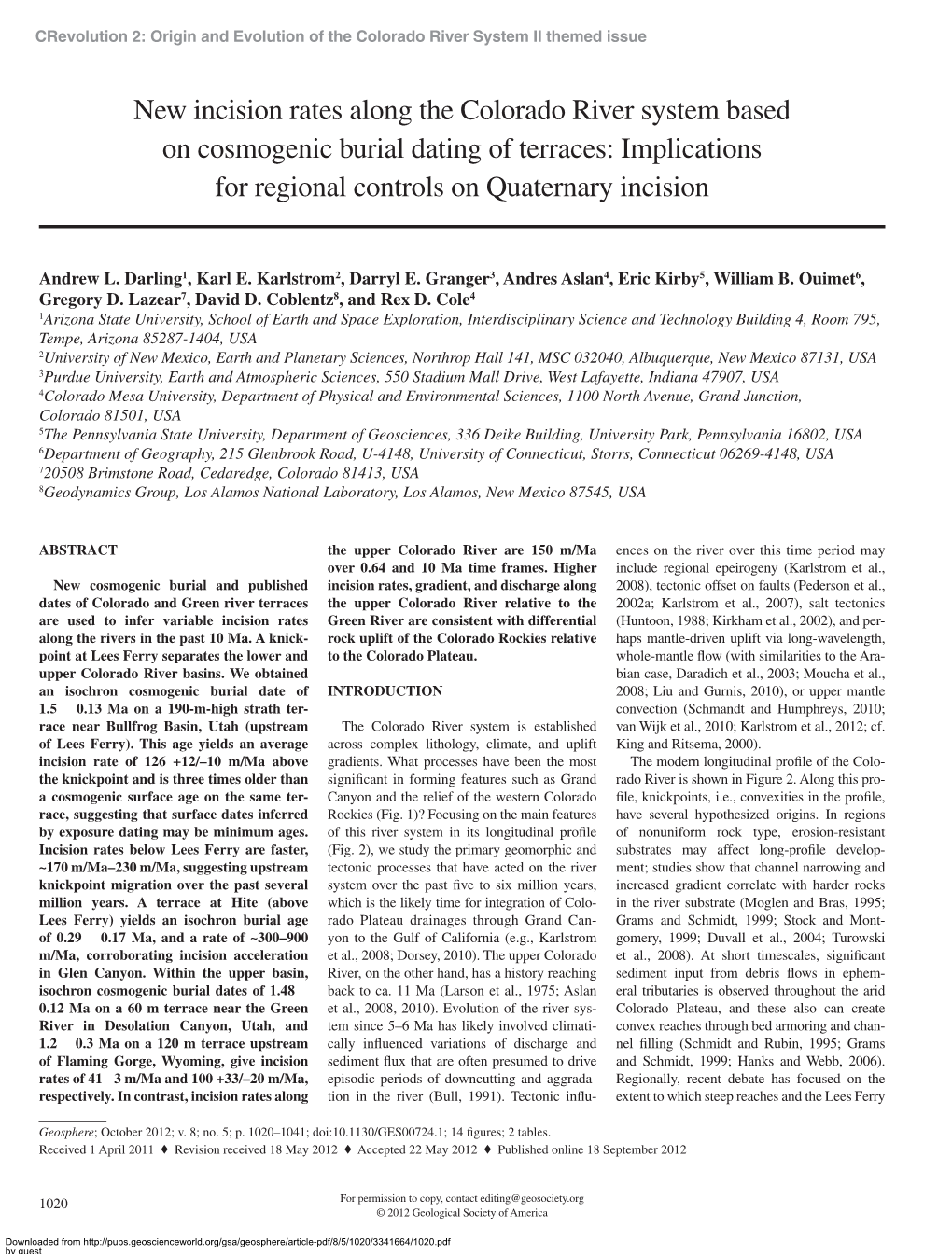 New Incision Rates Along the Colorado River System Based on Cosmogenic Burial Dating of Terraces: Implications for Regional Controls on Quaternary Incision