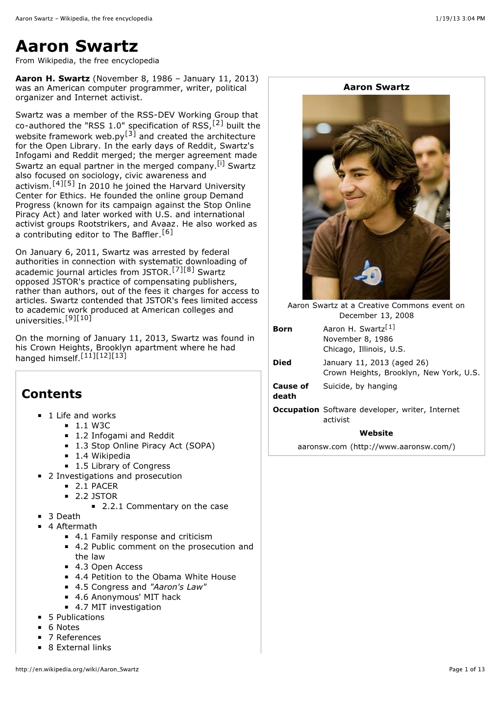 Aaron Swartz - Wikipedia, the Free Encyclopedia 1/19/13 3:04 PM