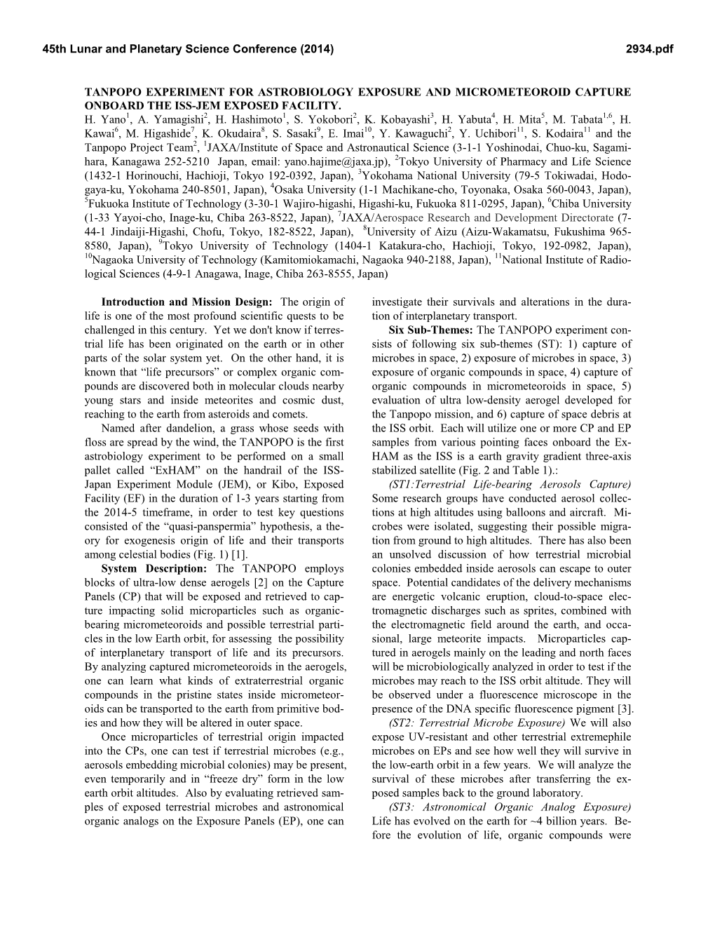 Tanpopo Experiment for Astrobiology Exposure and Micrometeoroid Capture Onboard the Iss-Jem Exposed Facility