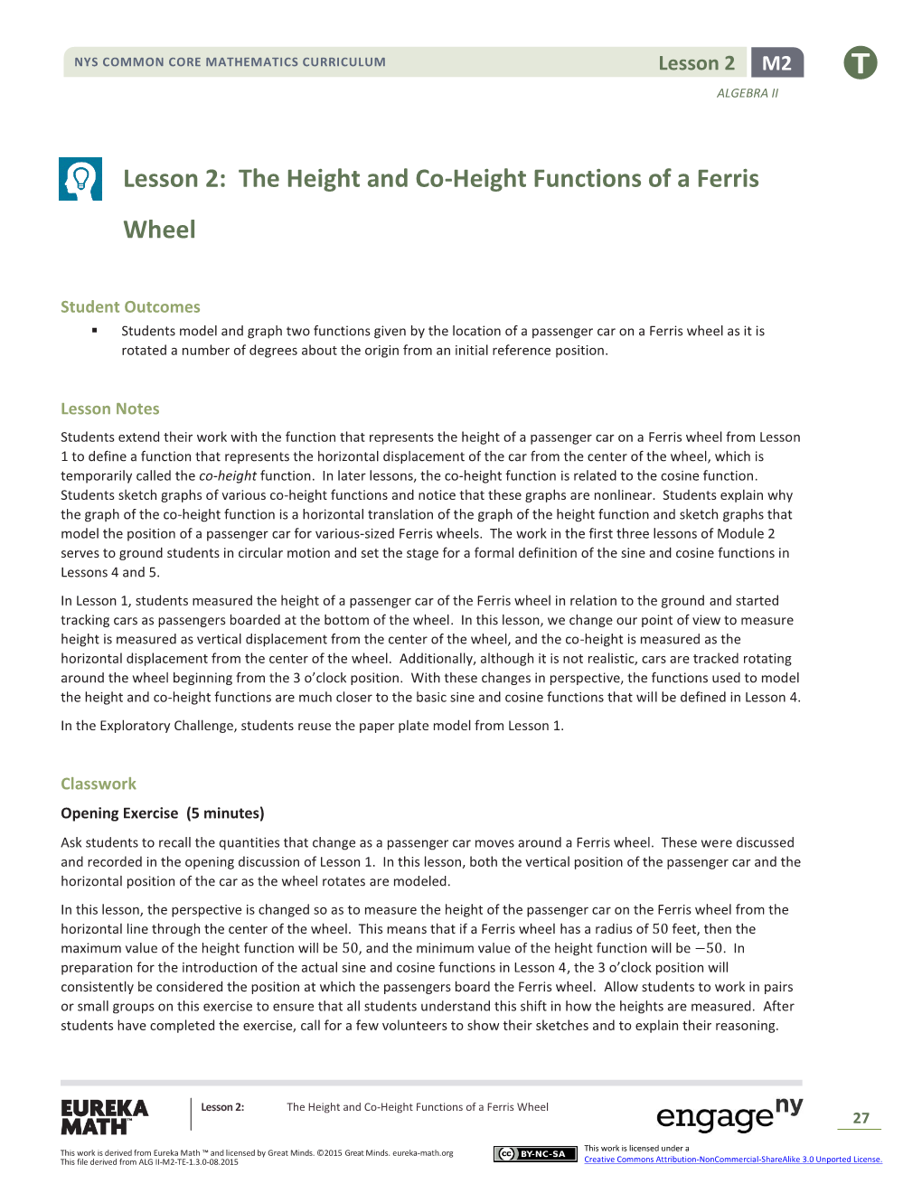 Lesson 2: the Height and Co-Height Functions of a Ferris Wheel