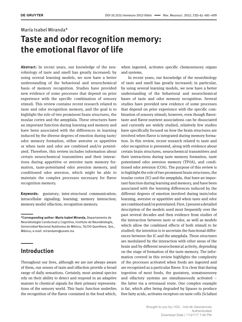 Taste and Odor Recognition Memory: the Emotional Flavor of Life