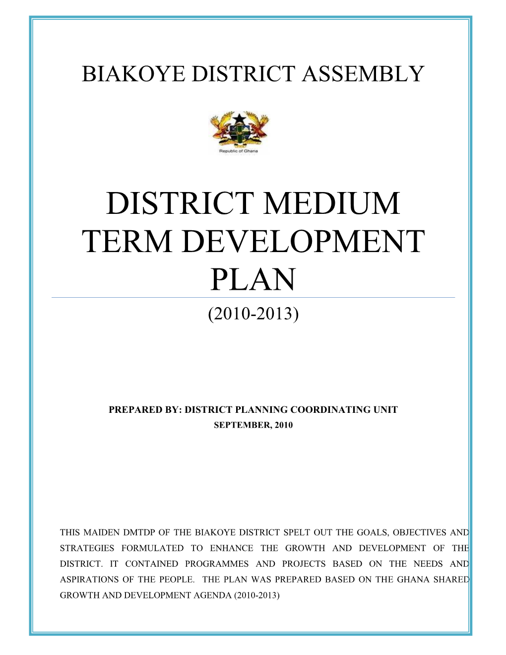 District Medium Term Development Plan (2010-2013)