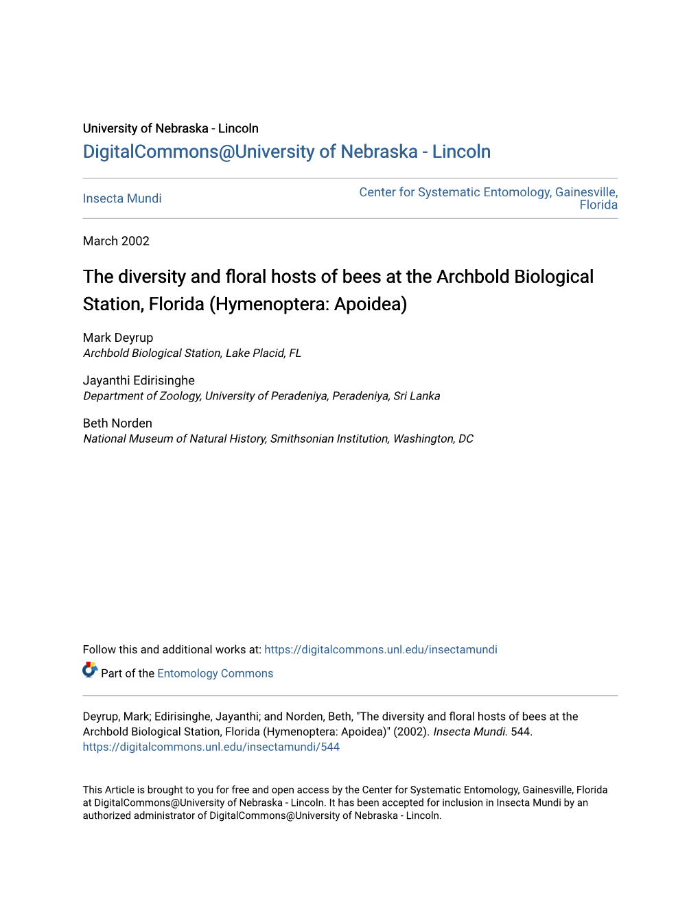 The Diversity and Floral Hosts of Bees at the Archbold Biological Station, Florida (Hymenoptera: Apoidea)